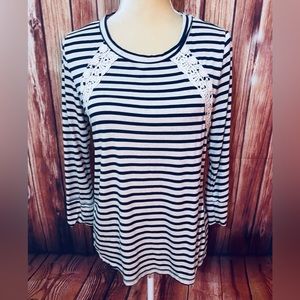 Women’s Small Blouse Mason Belle Striped 3/4 Sleeve Button Down Back Lace Detail